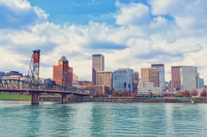Portland waterfront and city skyline with bridge.