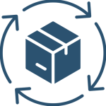 Supply chain icon showing a shipping box and circular movement